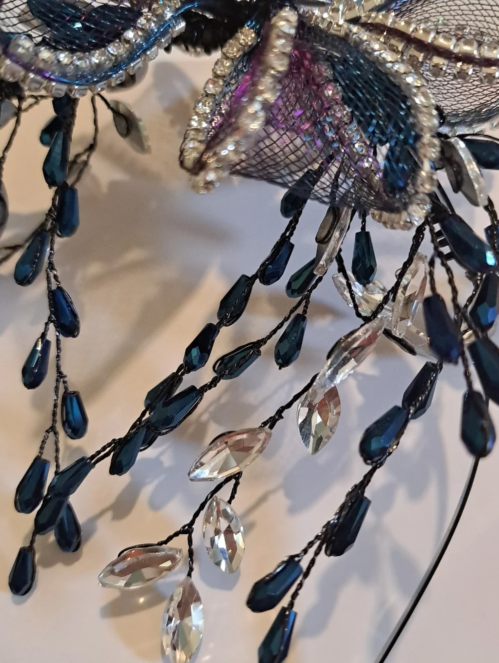 Goth Bride Headband Purple Mesh Crystal Blue-Black Rhinestones